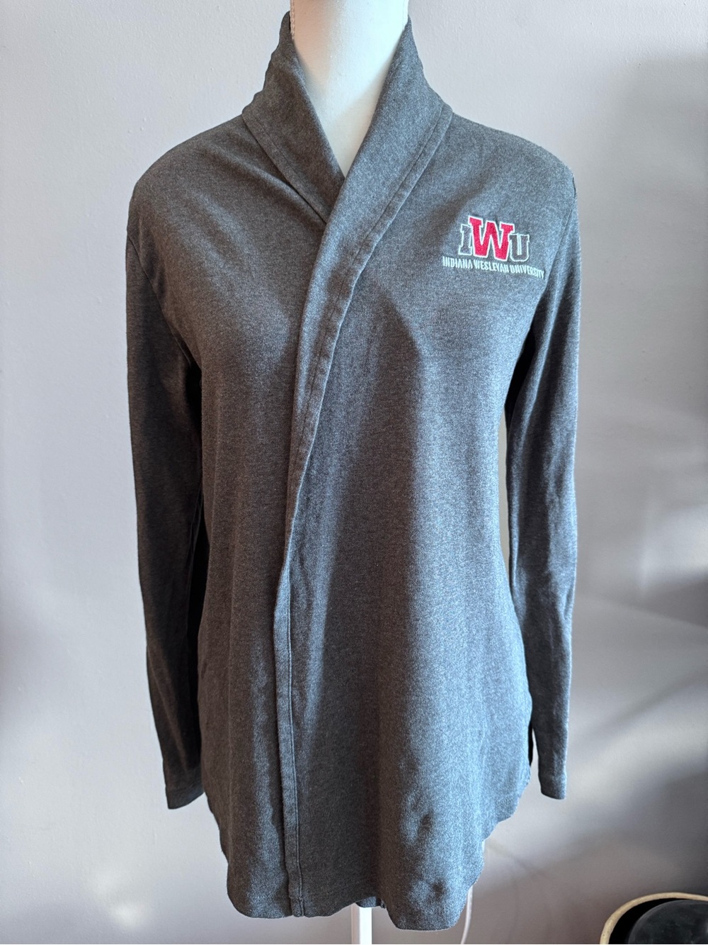 Indiana Wesleyan University Gray Shawl Collar Logo Cardigan